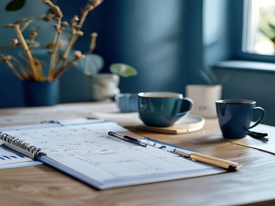 Workspace with planning materials and notes for designing an evening routine